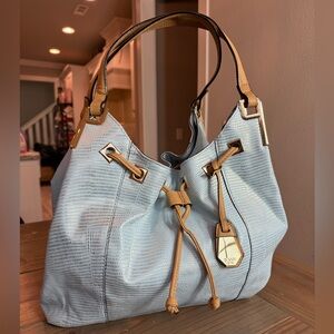 Gianni Bini Purse Snake Skin Pattern Ice Blue Shoulder Bag Faux Drawstring